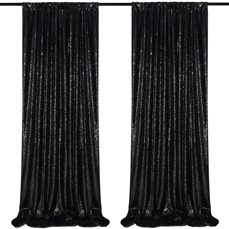 QueenDream Black Sequin Backdrop 2 Panels 2FTx8FT Halloween Backdrop Curtains Party Decorations Birthday Wedding Photo Backdrop - Image 1